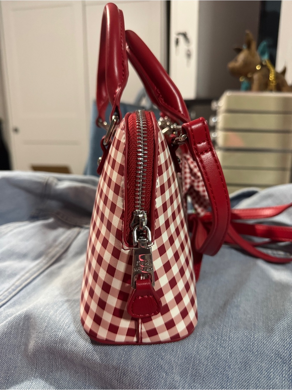 Steve Madden Red Gingham Satchel with Green Charm Bfayth crossbody with strap - Picture 8 of 10
